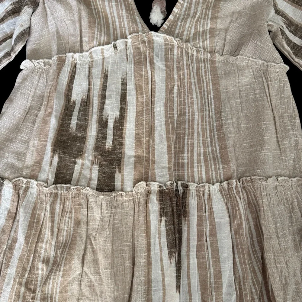 Blue Island Beach Coverup Small Ruffles Tassels Boho Tan Neutral Stripes Resort‎